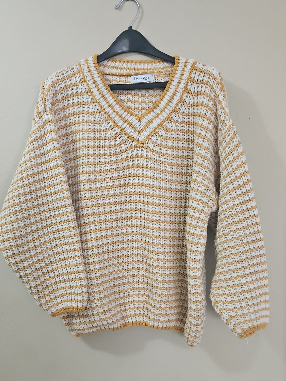 Cozy V-Neck Stripe Sweater in Cream and Mustard by Cezar Vigor